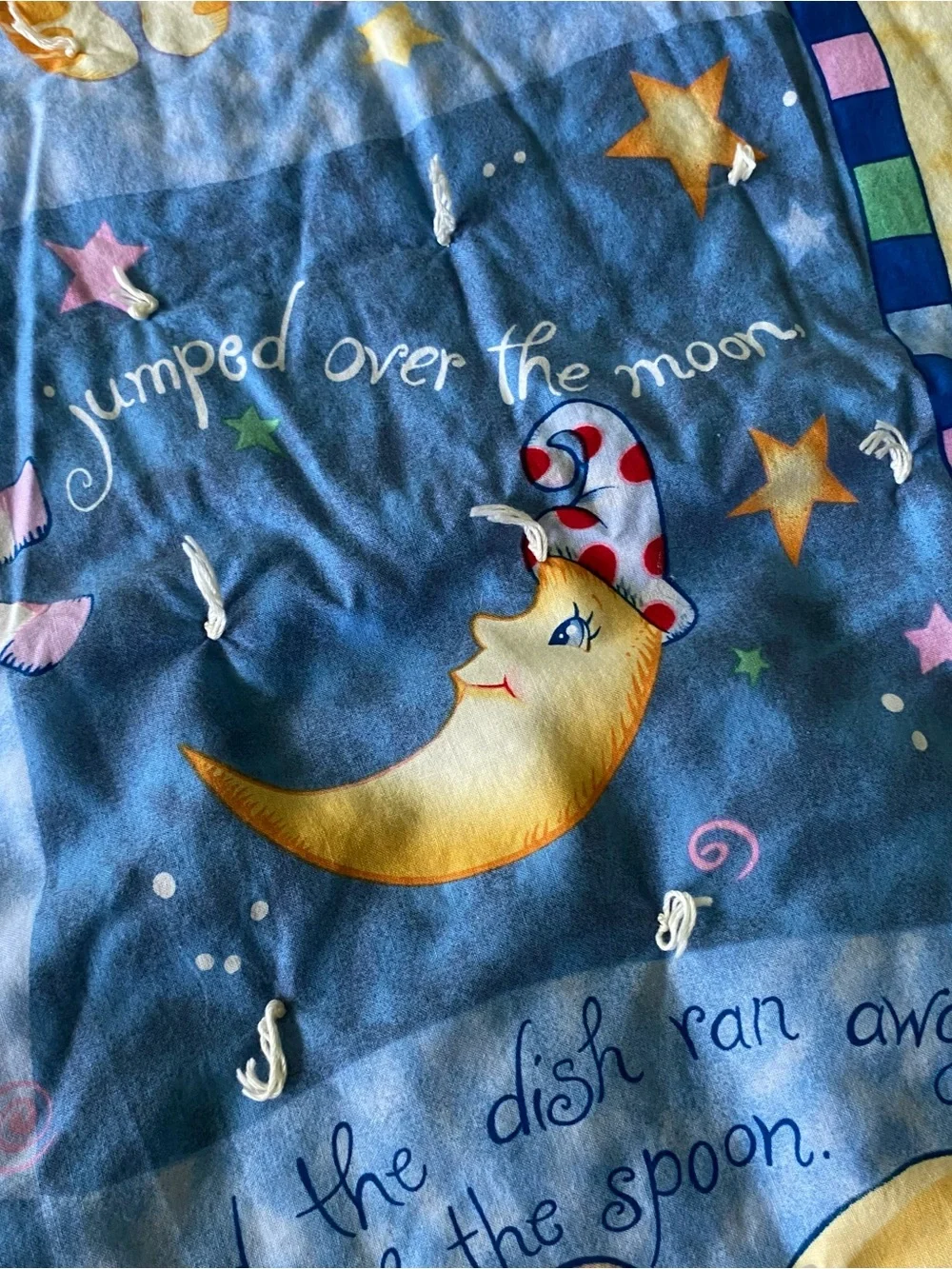Vtg Hey Diddle Diddle Nursery Rhyme Baby Blanket Stars Cow Celestial Moon Dog